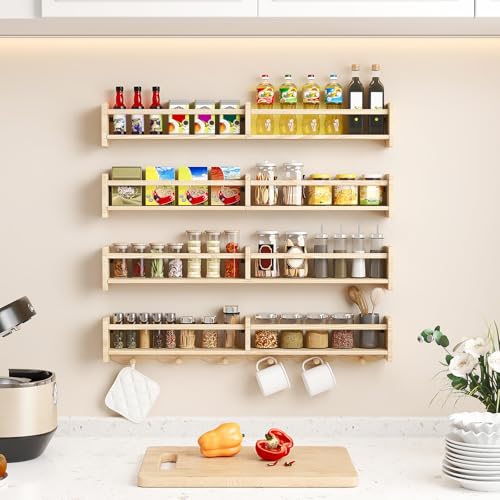 34-Inch Kids Wall Shelves Set of 4 with Hooks - Baby Nursery Room Decor - Burlywood Variation