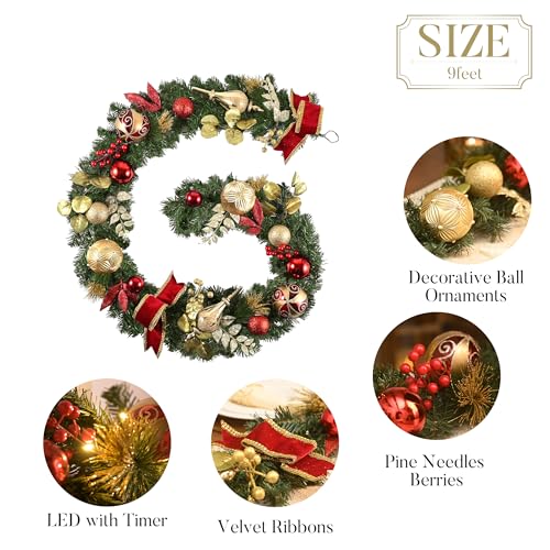 Valery Madelyn 9ft Pre-Lit Christmas Garland with Red and Gold Balls & Bow - Indoor & Outdoor Decor