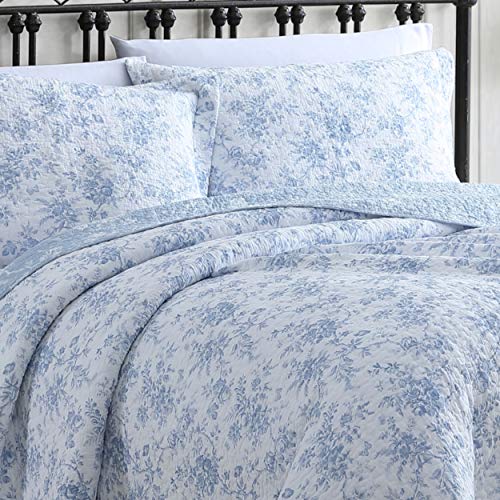 Laura Ashley Queen Quilt Set with Shams - Reversible Cotton Bedding, Walled Garden Blue, Full/Queen