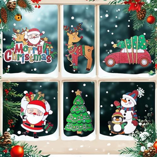 Christmas Window Clings, 15"X9" Reusable Static Cling Gel Window Stickers Holiday D?cor,Christmas Window Stickers Includes Santa Claus Snowman Xmas Tree,Removable Window Sticker, 6 pcs