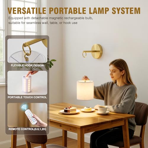 Wireless Battery Operated Wall Sconces Set of 2 - Gold RGB with Remote, Detachable Hooks