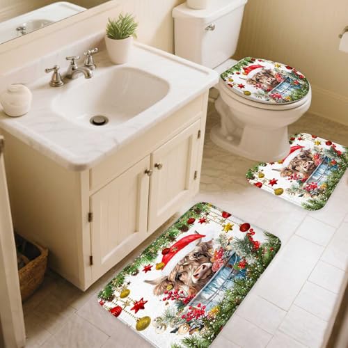 Sanzugh Christmas Highland Cow 4-Piece Bath Set with Rugs & Accessories (Green) – Shower Curtain, Bath Mat, U-Shaped Rug & Toilet Cover