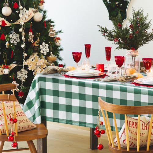 Hiasan 60 x 120 Inch Checkered Tablecloth Forest Green White Waterproof Polyester