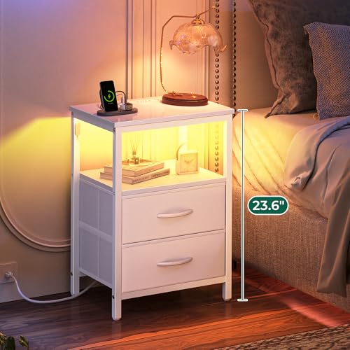 Huuger White Night Stand with Charging Station & LED Lights, 2 Drawer, 11.8"D x 15.7"W x 23.6"H