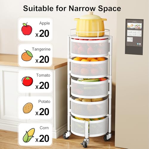 Rotating Fruit and Vegetable Basket Stand - 5 Tier Kitchen Storage, White