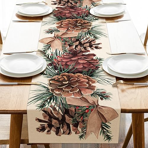 Seliem Winter Pine Cone Table Runner, Pine Needle Branch Red Berry Bow Farmhouse Kitchen Dining Table Decor, Christmas Holiday Seasonal Rustic Home Decoration Indoor Outdoor Party Supply 13x36 Inches