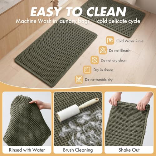 MIULEE Green Waffle Bathroom Rugs Set of 2, 18x30 Inch Non-Slip Bath Mats