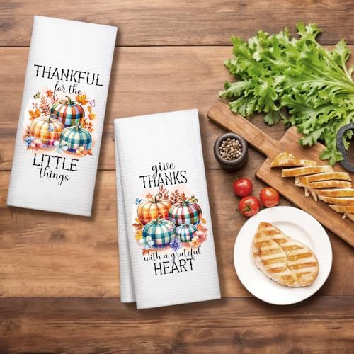 WUUCKOO 2pcs Thankful for The Little Things Kitchen Towels White14 Thanksgiving Decor