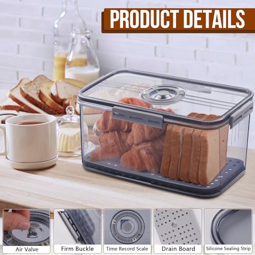 Gifhomfix Large Grey Bread Box with Airtight Seal & Time Recording Dial - Kitchen Counter Storage Container for Homemade Bread, Bagels, Donuts, Cookies