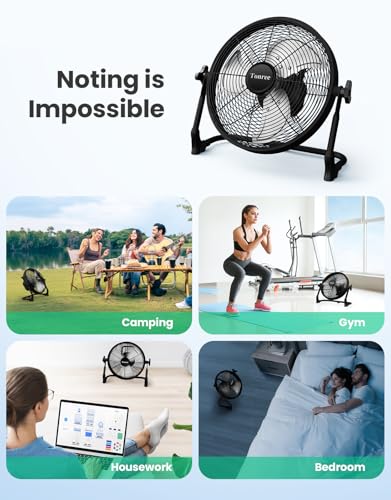 14-Inch Portable Solar Battery Fan - Black, Wireless, Rechargeable, Camping Fan with Phone Charging