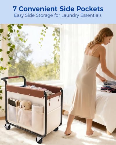 Kayfia Beige 180L Rolling Laundry Hamper with Removable Waterproof Bag and 7 Side Pockets
