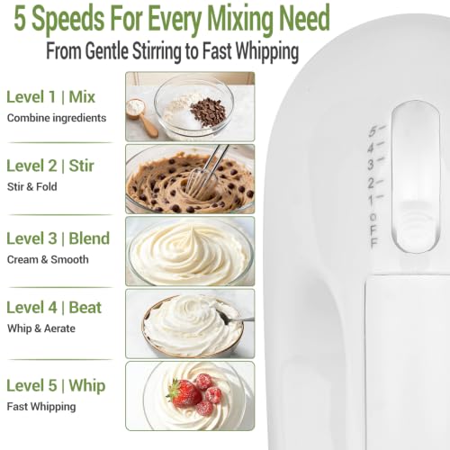 Red 5-Speed Electric Hand Mixer with 4 Mixing Bowls & Kitchen Baking Set