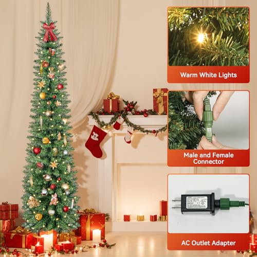Kungfuking 7ft Green Artificial Christmas Tree Pre-Lit with Warm Lights - Slim Xmas Tree