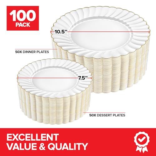 Disposable Ivory & Gold Scalloped Plastic Plates - Heavy Duty 100 Pack - Elegant Holiday & Party Dinnerware