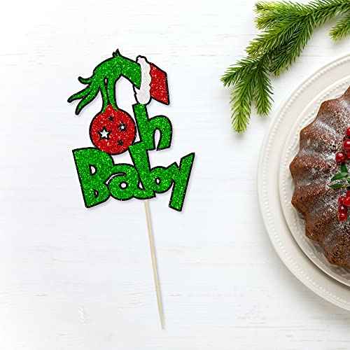 1Pcs Greench Christmas Oh Baby Cake Topper Glitter Shower Cake Pick Decorations for Greench Christmas Theme Kids Birthday Party Supplies