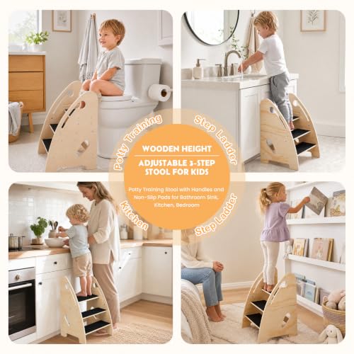 Labebe Wooden 3-Step Toddler Stool for Bathroom & Kitchen Safety