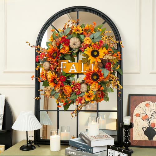 Fall Sign Wreath - 24 Inch Autumn Front Door Decor with Fall Elements & Harvest Sign