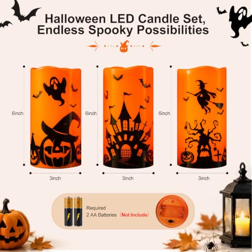 Homemory Halloween Waterproof Flameless LED Pillar Candle with Timer Remote – Castles, Witches, Pumpkins