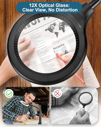 Black 12X Magnifying Glass with Light & Stand - LED 5 Color Modes, Stepless Dimming, Hands-Free Desk Clamp Lamp for Crafts & Close Work