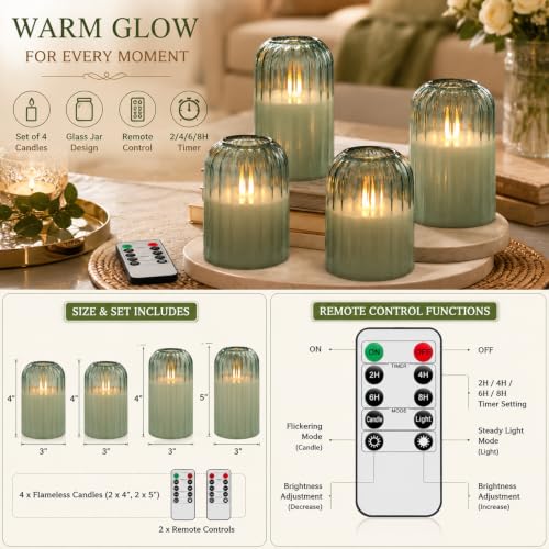 Green Glass Flameless Candles with Remote - Set of 4 LED Pillar Candles with Timer