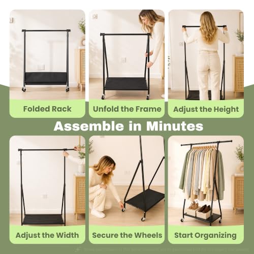 Foldable Clothes Rack with Wheels - Adjustable Height Portable Garment Organizer with Shelf