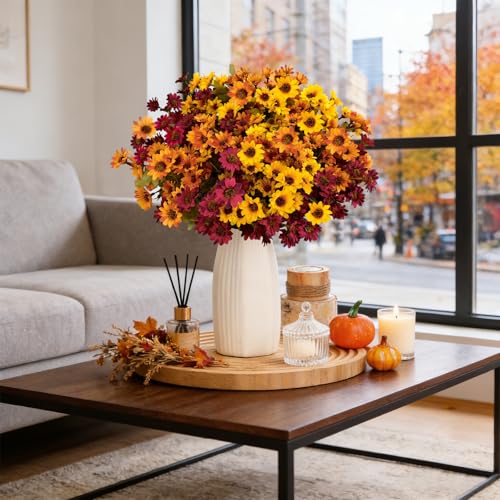 Mixed Daisy Artificial Flowers Set - 24Pcs UV-Resistant Faux Mums for Outdoor Garden and Fall Decor