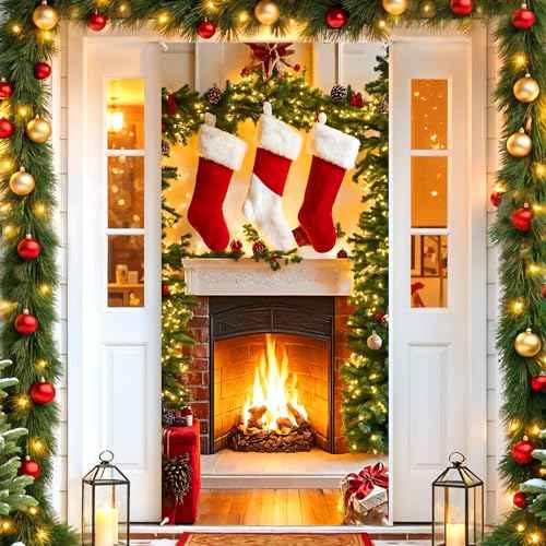 Christmas Fireplace Door Cover Banner with Stockings & Sign - Photo Booth Prop Background for Holidays Indoor/Outdoor