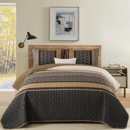 Dinjoy Boho Queen Quilt Set - Brown & Striped Fall Bedspreads, Reversible, Lightweight Microfiber Bedding, 3 Piece