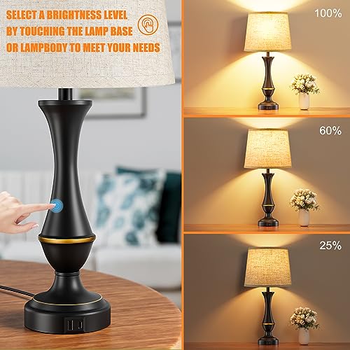 Touch Nightstand Lamps Set of 2 - 3 Way Dimmable with USB-C & A, Beige Shade & Black Base, 22 Inch