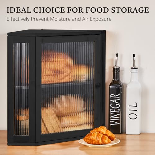 Corner Bread Box - Extra Large 2-Tier Bamboo Storage with Adjustable Shelf - Black