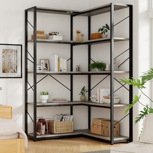 Corner Bookshelf 5-Tier L-Shaped Bookcase - Grey, Large Storage