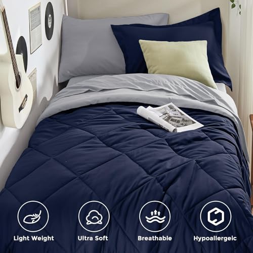 HEVUMYI Twin XL Comforter Set Navy Blue & Grey Bed in a Bag 5-Piece