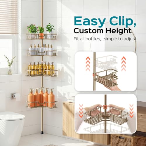 HAMITOR No-Drill Corner Shower Rack - 4-Tier Rustproof Tension Pole, Khaki, Wire Baskets