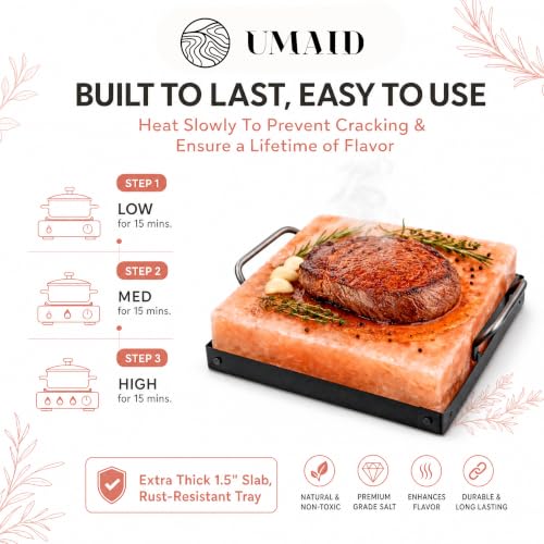 Himalayan Salt Block for Cooking Medium 8x8x1.5 - Food Grade Pink Salt Plate with Tray & Recipes