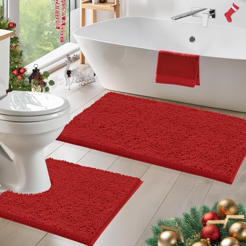 LuxUrux 2-Piece Christmas Chenille Bath Rug Set – Large Red, 24x36 + 20x24 U-Shaped Toilet Mat