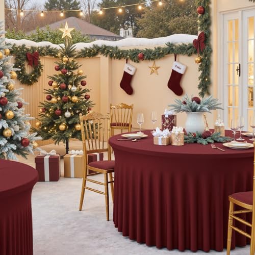 4 Pack Burgundy Round Tablecloth with Skirt, 60 Inch Elastic Fitted