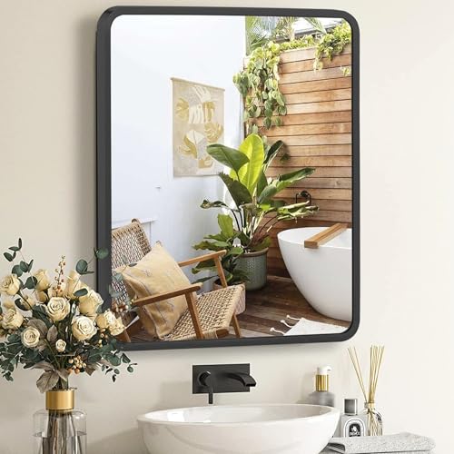 Black Bathroom Medicine Cabinet with Mirror, Adjustable Glass Shelves, Waterproof & Rust-Resist, Recessed or Surface Mount, 24x22 Inches