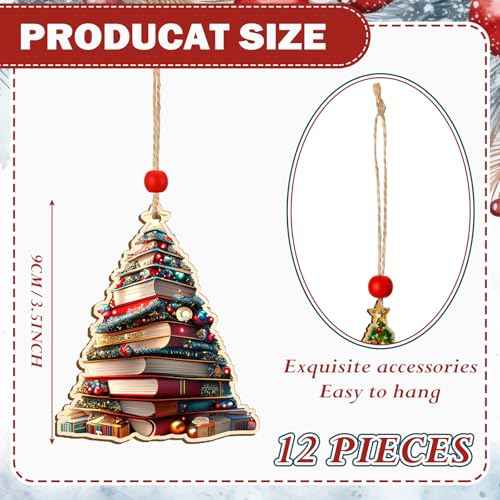 12 Pcs Christmas Tree Ornament Book Lovers Gifts Christmas Decoration Wooden Crafts 3D Design Hanging Decor for Xmas Decoration (Book Shaped)