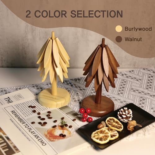 Powdonunt Brown Wooden Tree Coasters, 3 Foldable Tripod Trivets with Stands