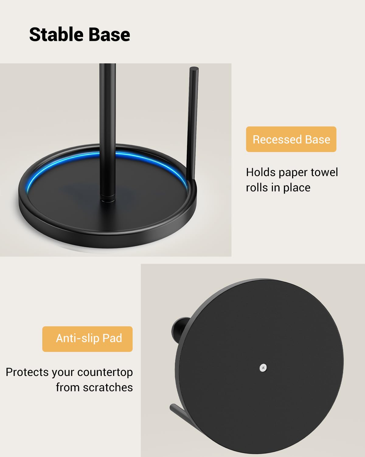 Swaitee Paper Towel Holder Countertop, Anti Slip Base, Black, Freestanding Paper Towel Roll Stand with Weighted Base for Kitchen Bathroom