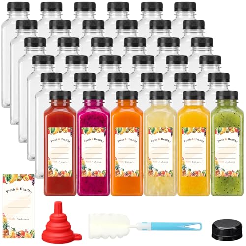 Moretoes 42pcs 16oz Reusable Plastic Juice Bottles with Caps & Accessories - Clear, Leak-Proof, BPA Free