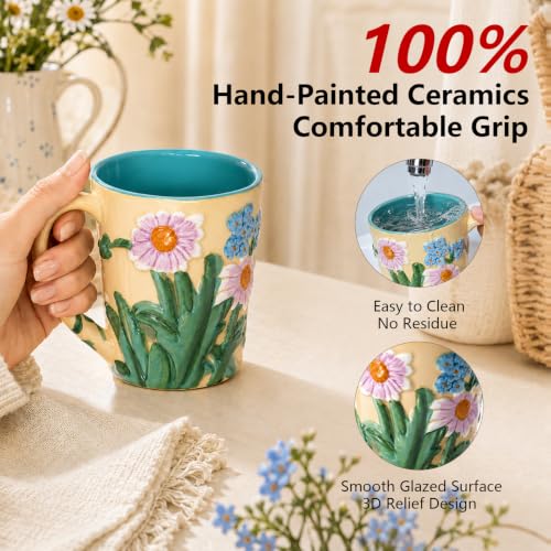Beige 19 oz Floral Ceramic Mug with Lid & Spoon - Hand-Painted Coffee Cup