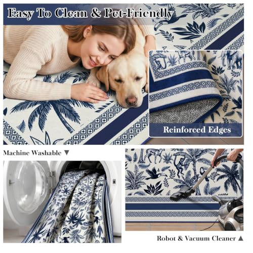 Arenarug 5' x 7' Blue French Country Toile Area Rug, Washable & Non-Slip Backing