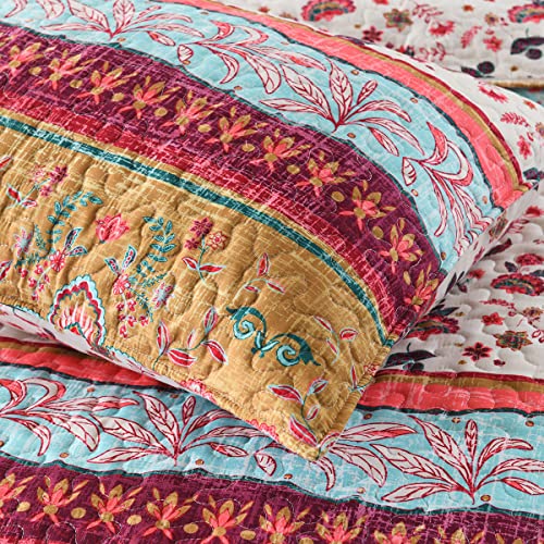 Mustard Floral Reversible Boho Twin Quilt Set with Pillow Sham - All Season Lightweight Bedspread
