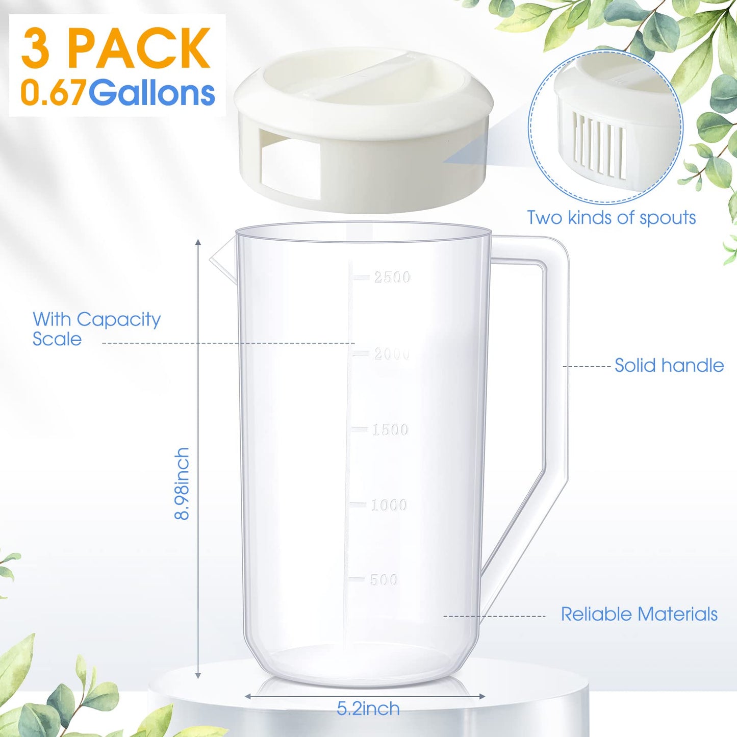 3 Pcs 0.67 Gallon 2.5 Liter Water Pitcher Set Plastic Pitcher with Lid Measurement 3 Position Lid for Hot Cold Drinks Lemon Juice Beverage Ice Tea Dishwasher Safe, 85 Oz (Clear and White)