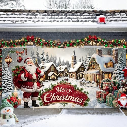 THISFIND 16x7 Ft Santa Christmas Village Banner for Garage Door Display - Holiday Yard Decor