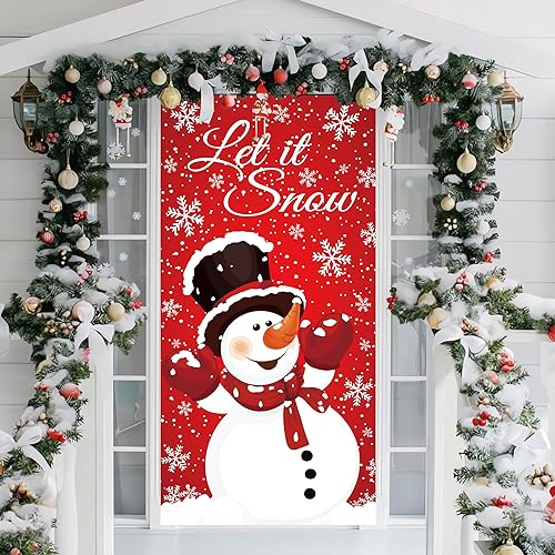 Augisteen Christmas Snowman Door Cover Winter Let It Snow Doors Banner Christmas Front Door Porch Banner Snowman Photography Backdrop Sign for Xmas New Year Winter Holiday Home Party Decor
