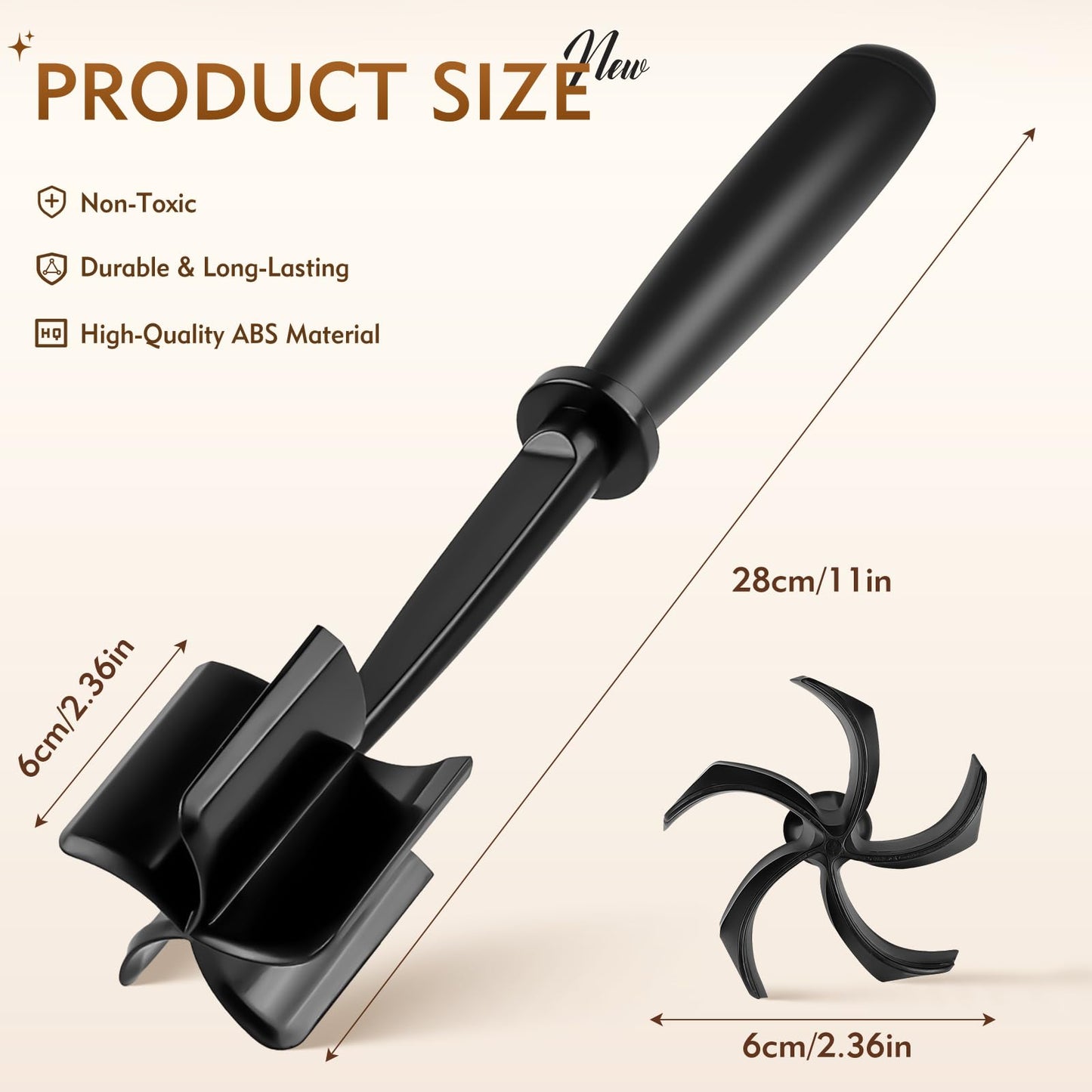 ZASZO Meat Masher, Ground Beef Chopper Tool with 5 Curve Blades & Ergonomic Non-Slip Handle, Nylon Hamburger Smasher Tool Heat Resistant Non Stick(Black)