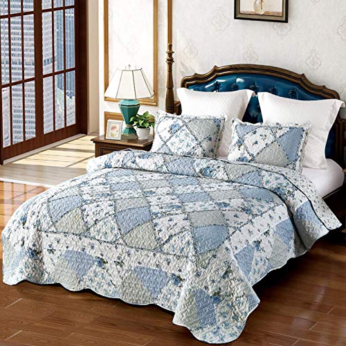 VIVILINEN Blue Floral Patchwork Quilt Set Full/Queen Size 87x95 - 3 Piece Bedding