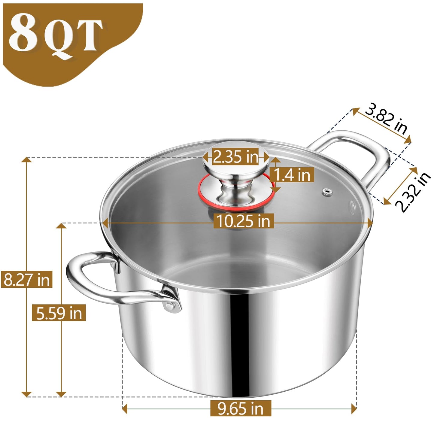 P&P CHEF 8 Quart Tri-Ply Stainless Steel Stock Pot, 8 Qt Stockpot Pasta Cooking Pot with Visible Lid for Soup Vegetable, Induction Cookware for All Stoves, Sturdy & Double Handle, Dishwasher Safe